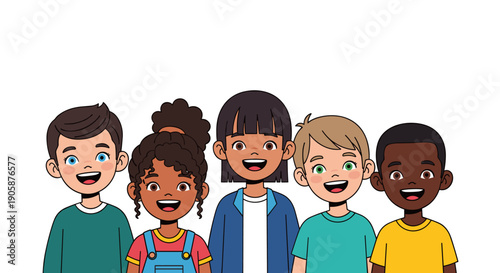 Diverse Group of Smiling Children Cartoon Illustration for Educational Materials, Children's Books, and Multicultural Projects with Bold Lines and Cheerful Expressions