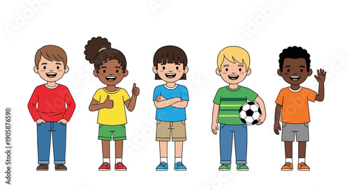Diverse Group of Smiling Children Cartoon Illustration Standing Together, Depicting Childhood, Friendship, Happiness, and Unity, Suitable for Educational and Promotional Materials