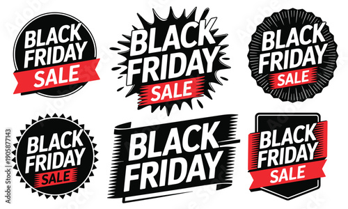 Bold collection of six Black Friday Sale vector badges featuring dynamic shapes and red ribbon banners, ideal for high-impact retail advertising and massive holiday shopping promotions.