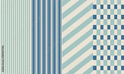 Seamless vector pattern design featuring a collage of vertical stripes, diagonal lines, and checkerboard squares in a calming retro blue and beige palette.