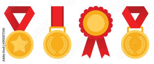 Flat vector set of four golden first-place medals and a rosette award with bright red ribbons, symbolizing victory, success, and championship achievement isolated on white.