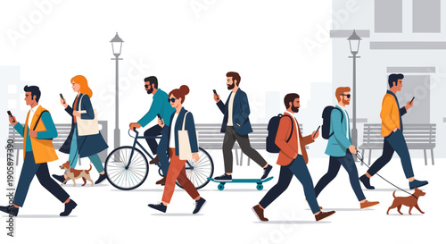 Busy Modern Urban Life: People Commuting, Walking Dogs, Cycling, and Using Smartphones in a Stylized Cityscape Illustration