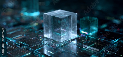 Futuristic transparent cube on circuit board with neon lights