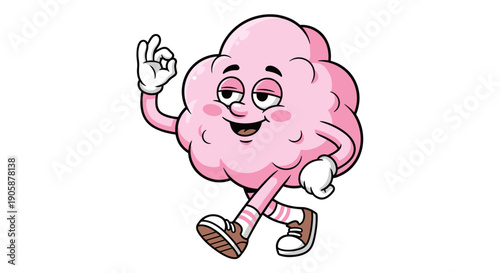 Happy Brain Character Illustration Promoting Mental Wellness and Positivity: A Cartoon Mascot Encouraging Cognitive Function, Mindfulness, and Self-Care for Enhanced Well-being
