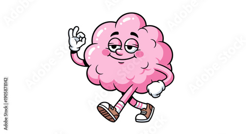 Cartoon Pink Brain Character Walking with Okay Sign - Conceptual Illustration for Thinking, Learning, and Health Education - Perfect for Digital Media and Print