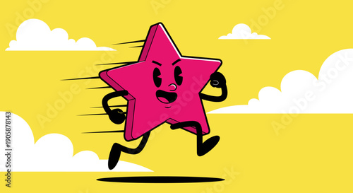 Retro Star Cartoon Character Running with Speed Lines: Vintage Style Illustration for Animated Projects and Fun Designs, Yellow Background, Comic Art, Motion Concept