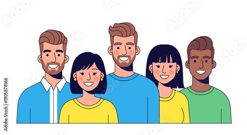 Diverse Team Illustration: Cheerful Professionals in a Modern Cartoon Style for Business and Community Engagement, Representing Unity, Collaboration, and Positive Workplace Dynamics