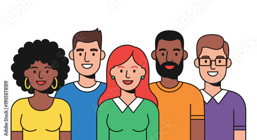 Diverse Team Illustration: Vector Group of Professionals Smiling, Modern and Inclusive Workforce, Emphasizing Collaboration, Representing Unity and Community Engagement on a White Backdrop