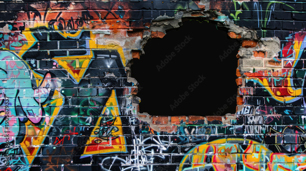 Fototapeta premium Background with hole in colorful graffiti brick wall with vibrant street art design