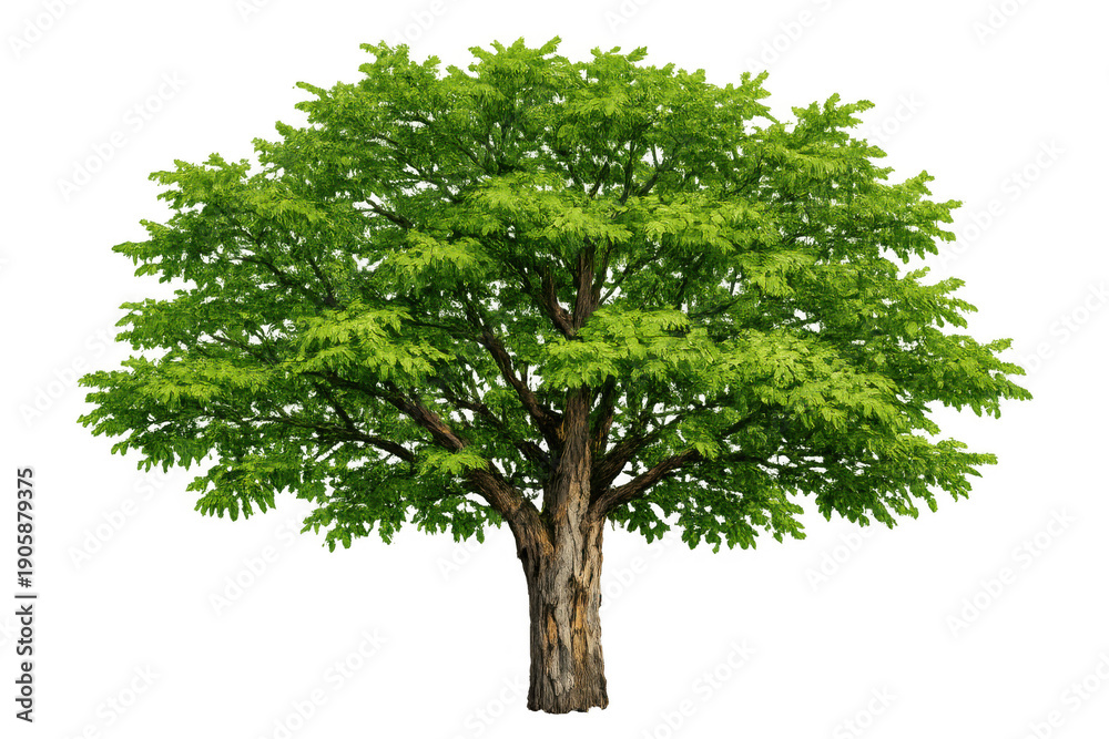 Fototapeta premium Tree with full green foliage and a sturdy brown trunk, standing isolated on a clear background, representing natural beauty