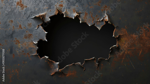 Rusty metal hole with dark background and orange corrosion texture