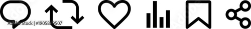 Monochrome Twitter social media engagement icons for interaction and post analysis, vector set containing symbols for replying, retweeting, liking, and bookmarking, clean line art design