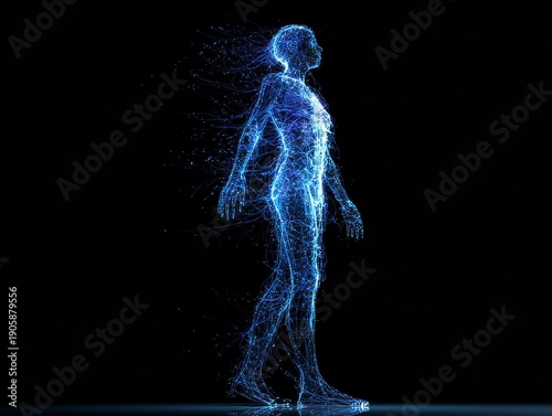 Stunning blue wireframe human figure standing on black background