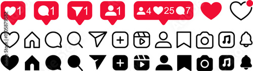 Set of social media notification icons for mobile app interface design, vector illustration of heart, like, and comment symbols in red bubbles, minimalist black and white UI elements for social media