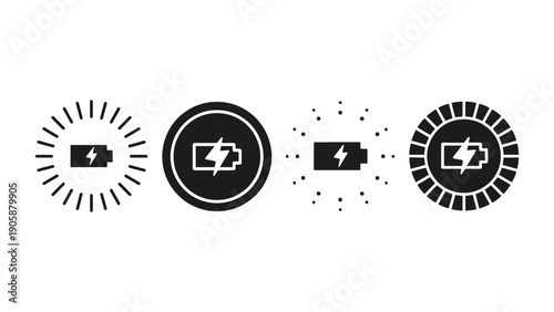 Battery icon set with different charging symbols and effects