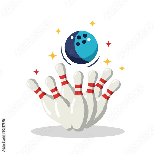 Dynamic Bowling Game Illustration with Ball Striking Pins for Sports Activity Fun