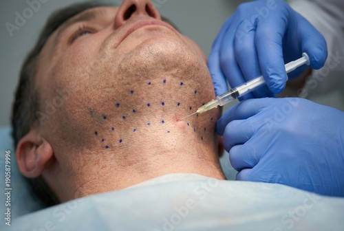 Doctor injecting fat dissolving agent into man's chin