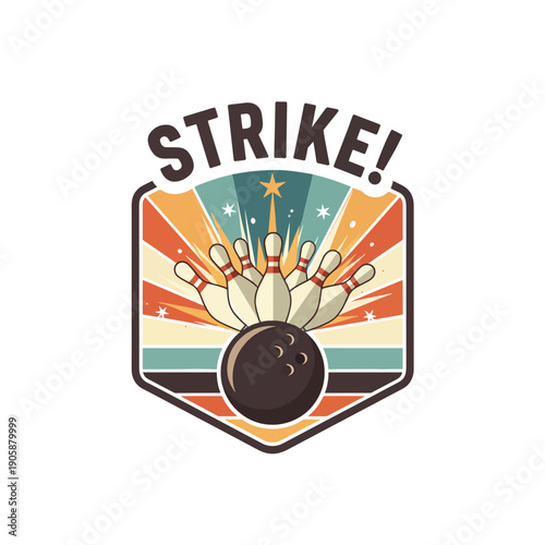 Retro style bowling strike emblem featuring ball impacting pins with starbursts and 'STRIKE!' text