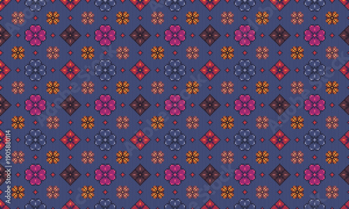 Pixelated artwork, continuous floral pattern.
