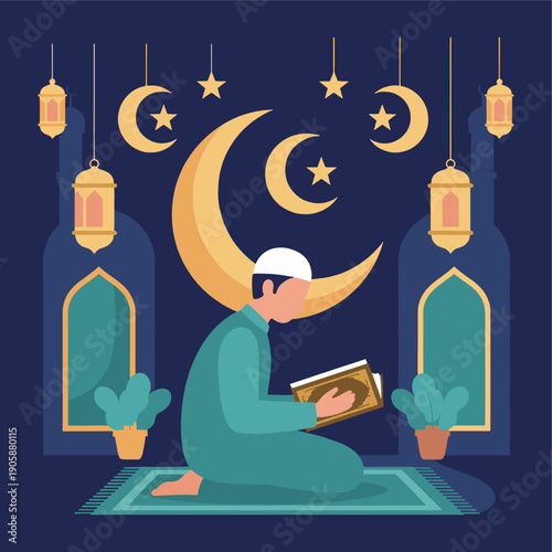 Man Reading Quran in Mosque at Night.