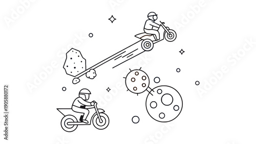 Two people ride motorcycles through a surreal, starry landscape with floating objects.