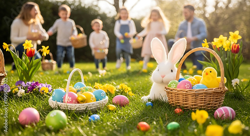 Happy Easter celebration Family enjoys an outdoor egg hunt in a sunny garden with colorful decorations and a cute bunny