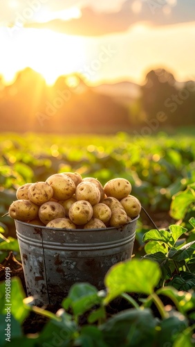 Freshly harvested potatoes in bucket at sunset