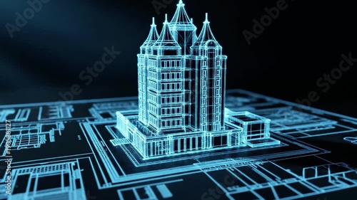 A 3D blue rendering of a large, multi-towered building sits atop a square base with detailed circuit board patterns on a black background