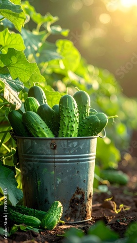 Fresh organic cucumbers harvesting into metal bucket in garden
