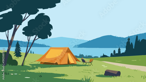 Simple illustrations evoking camping. Scandinavian-inspired minimalist concept. Summer vacation. Leisure. Outdoors.