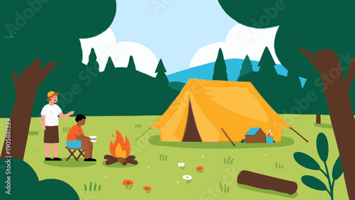 Simple illustrations evoking camping. Scandinavian-inspired minimalist concept. Summer vacation. Leisure. Outdoors.
