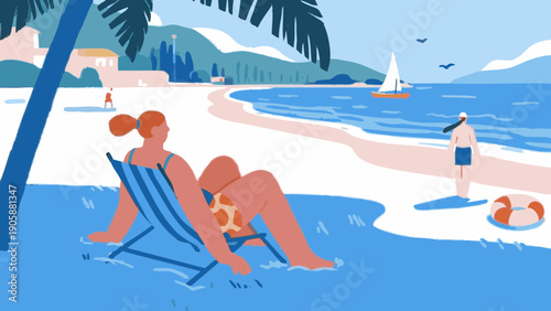 Simple illustrations of people enjoying their vacation at the beach. Scandinavian-inspired minimalist concept. Summer vacation.