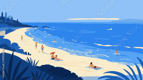 Simple illustrations of people enjoying their vacation at the beach. Scandinavian-inspired minimalist concept. Summer vacation.