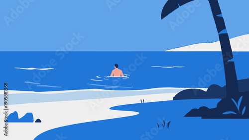 Simple illustrations of people enjoying their vacation at the beach. Scandinavian-inspired minimalist concept. Summer vacation.