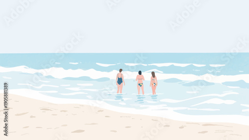 Simple illustrations of people enjoying their vacation at the beach. Scandinavian-inspired minimalist concept. Summer vacation.