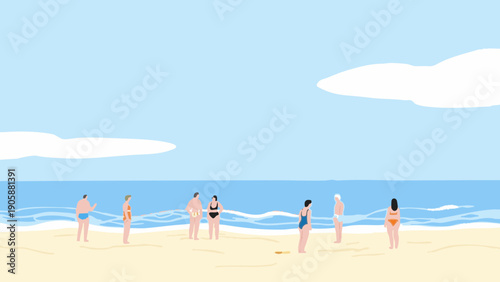 Simple illustrations of people enjoying their vacation at the beach. Scandinavian-inspired minimalist concept. Summer vacation.