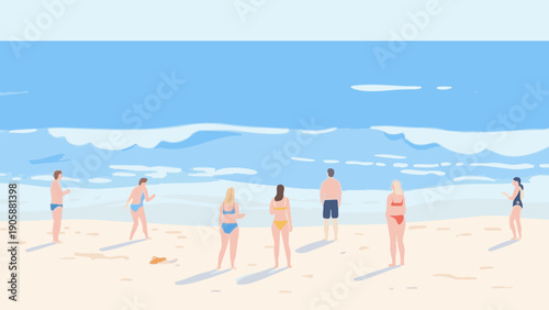 Simple illustrations of people enjoying their vacation at the beach. Scandinavian-inspired minimalist concept. Summer vacation.