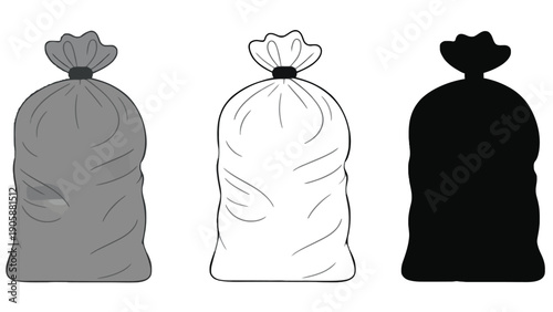 Trash bag vector icons in gray, white, and black silhouette styles