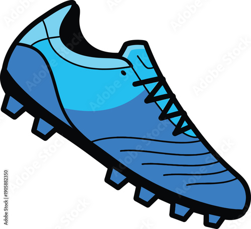 Blue soccer cleat illustration with black laces and studs on a white background