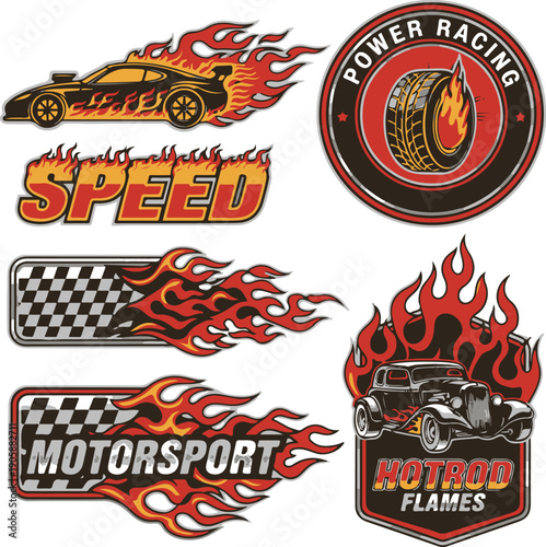 Racing logos and icons with flames silhouette