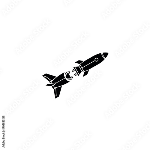 A rocket mid-flight, appearing segmented or assembled from parts, suggesting modularity or complex construction.