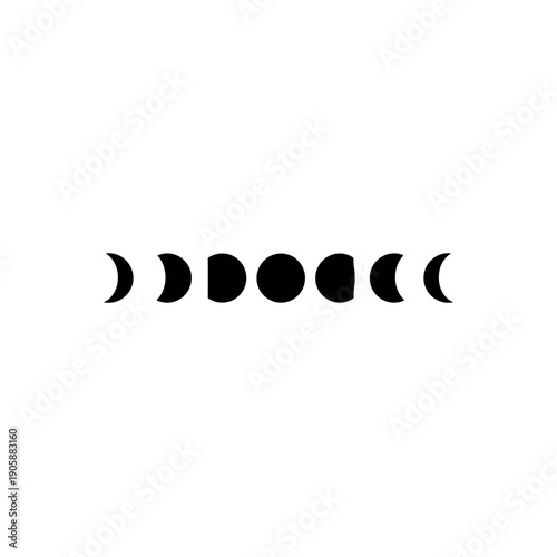 Phases of the moon in a clean, minimalist icon set. Celestial cycle illustration representing lunar phases from new moon to full moon.