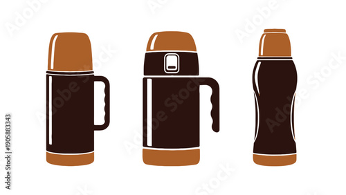Three brown and tan thermoses are displayed from different angles.
