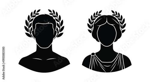 Two roman portraits depicted with laurel wreaths a striking black silhouette
