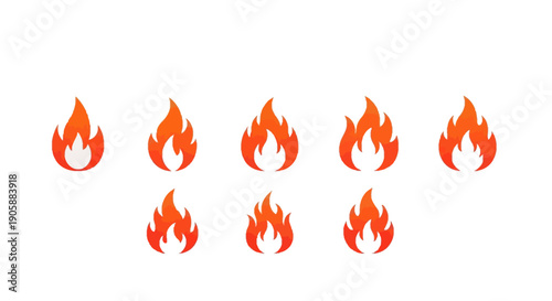 A collection of vibrant orange and red flame illustrations against a white background