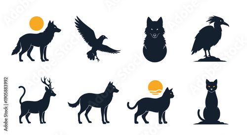 Silhouettes of various animals including wolves birds deer and a cat