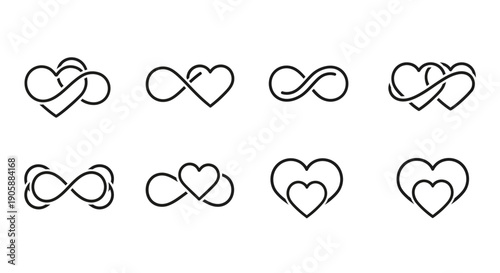 Black and white illustration of repeating heart and infinity symbols
