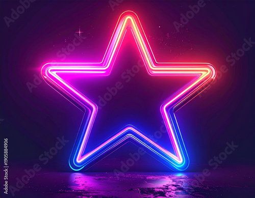Vibrant Neon Star Sign Against Dark Background. Glowing Five-Pointed Star in Retro Synthwave Colors: Pink, Blue, and Purple Light Effect for Futuristic Design and Abstract Awards Night Theme.