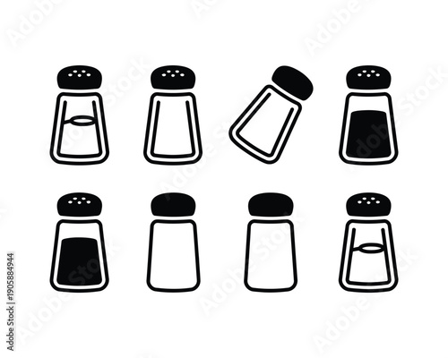 Salt and pepper shakers icons isolated on white background, flat and modern vector symbols for cooking, tableware, home kitchen design, branding, and restaurant graphics.
