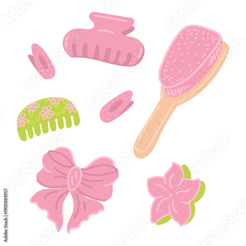 Pink hair accessory set elements in flat cartoon design. Cute girly aesthetic clips, flower or claw clip with checkered teeth, comb and hairbrush, ribbon bow. Vector illustration isolated.
